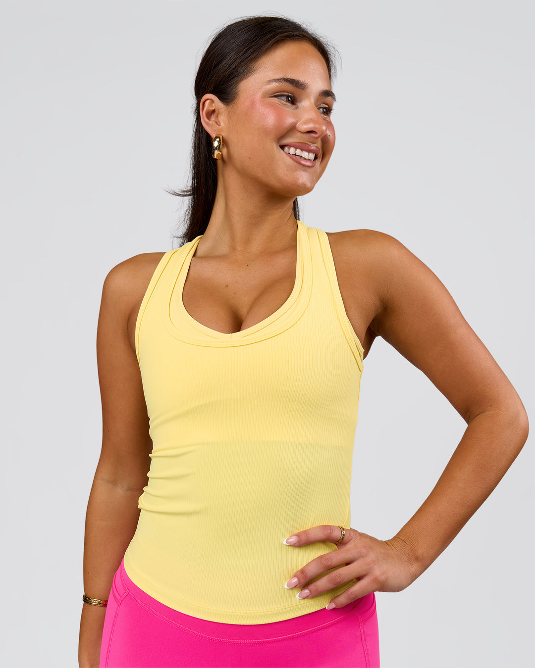 Woman wearing Flow Rib Scoop Neck Tank - Lemon | Model:Bianca | Size:S - view 1