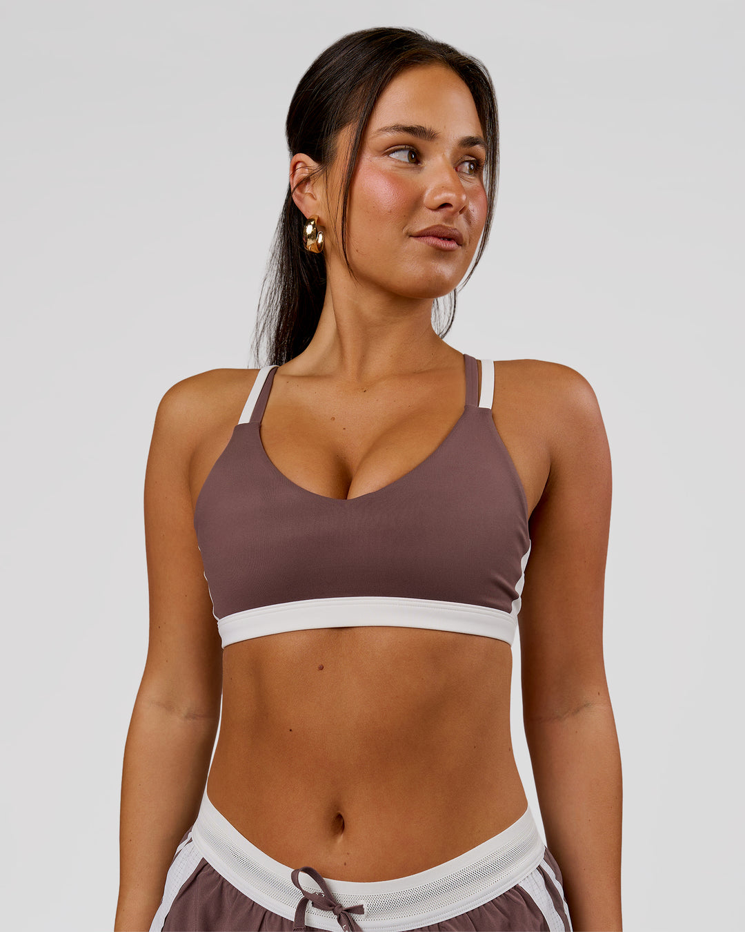 Woman wearing Force Sports Bra - Cocoa Powder | Model:Bianca | Size:S - view 2