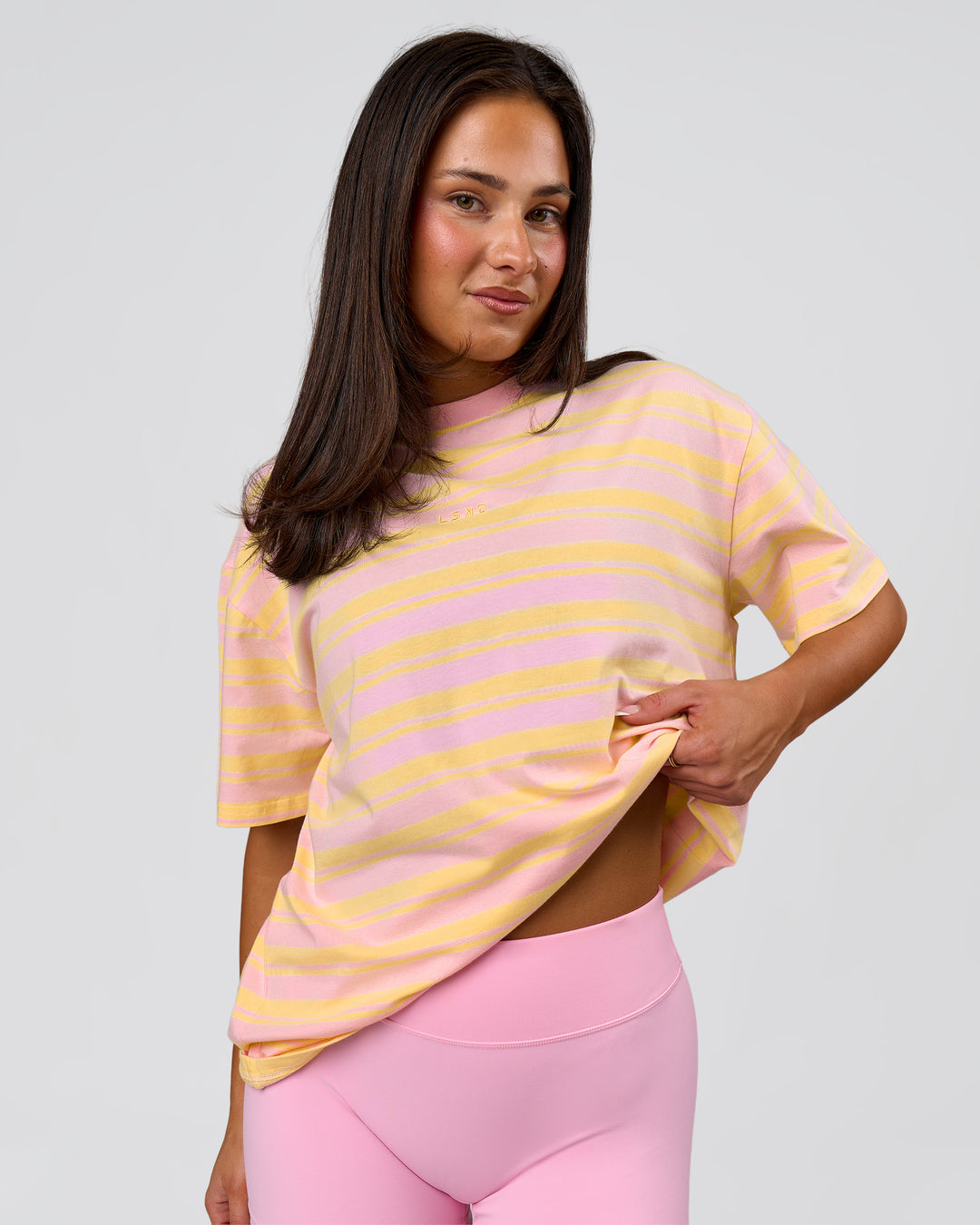 Woman wearing Go-To Shadow Stripe FLXCotton Oversized Tee - Lemon-Marshmallow | Model:Bianca | Size:S - view 2