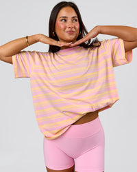 Woman wearing Go-To Shadow Stripe FLXCotton Oversized Tee - Lemon-Marshmallow | Model:Bianca | Size:S | Thumbnail Index: 0
