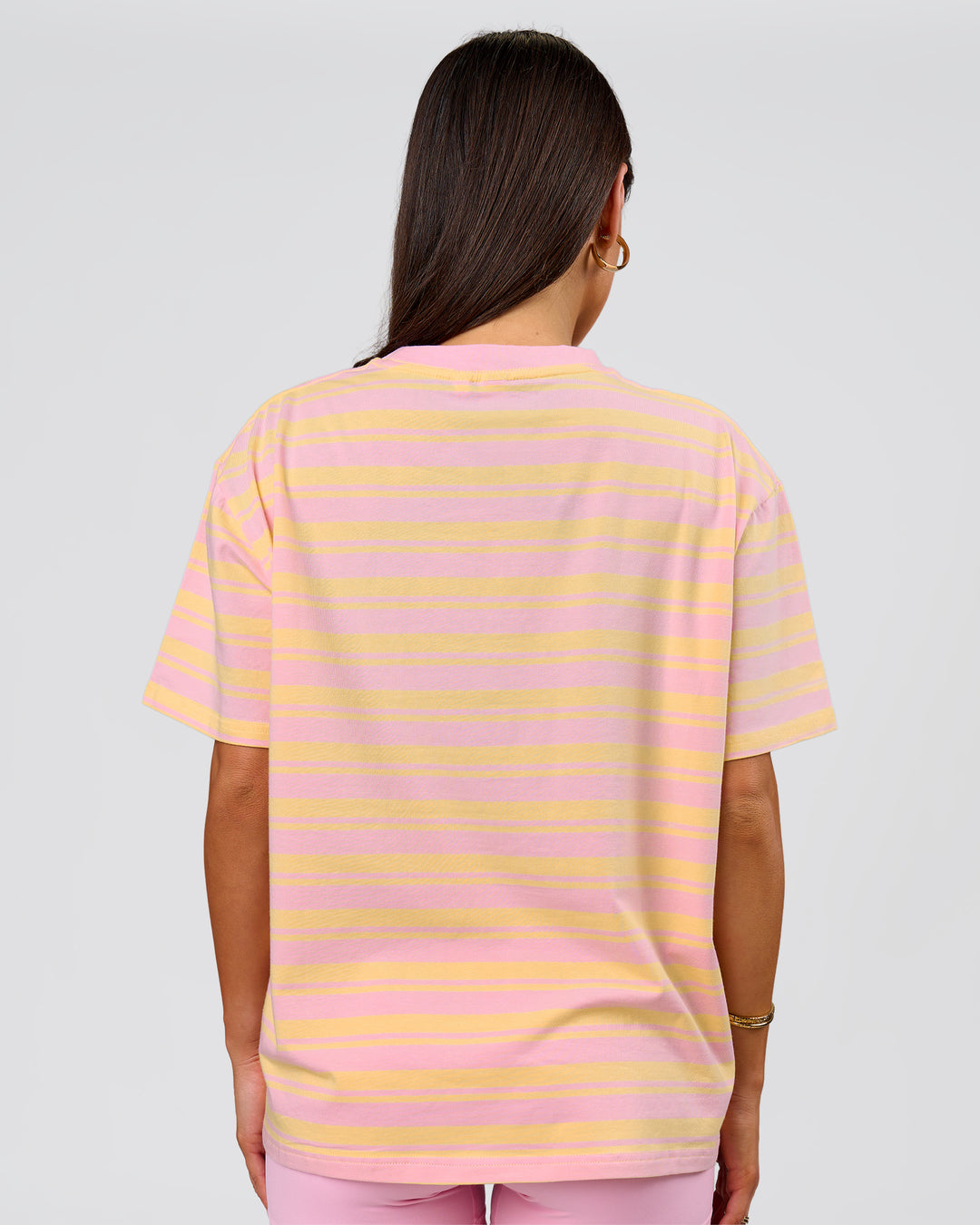 Woman wearing Go-To Shadow Stripe FLXCotton Oversized Tee - Lemon-Marshmallow | Model:Bianca | Size:S - view 6