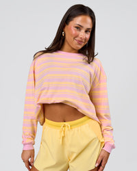 Woman wearing Go-To Shadow Stripe Long Sleeve FLXCotton Oversized Tee - Lemon-Marshmallow | Model:Bianca | Size:S | Thumbnail Index: 1