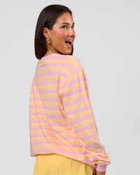 Woman wearing Go-To Shadow Stripe Long Sleeve FLXCotton Oversized Tee - Lemon-Marshmallow | Model:Bianca | Size:S | Thumbnail Index: 2