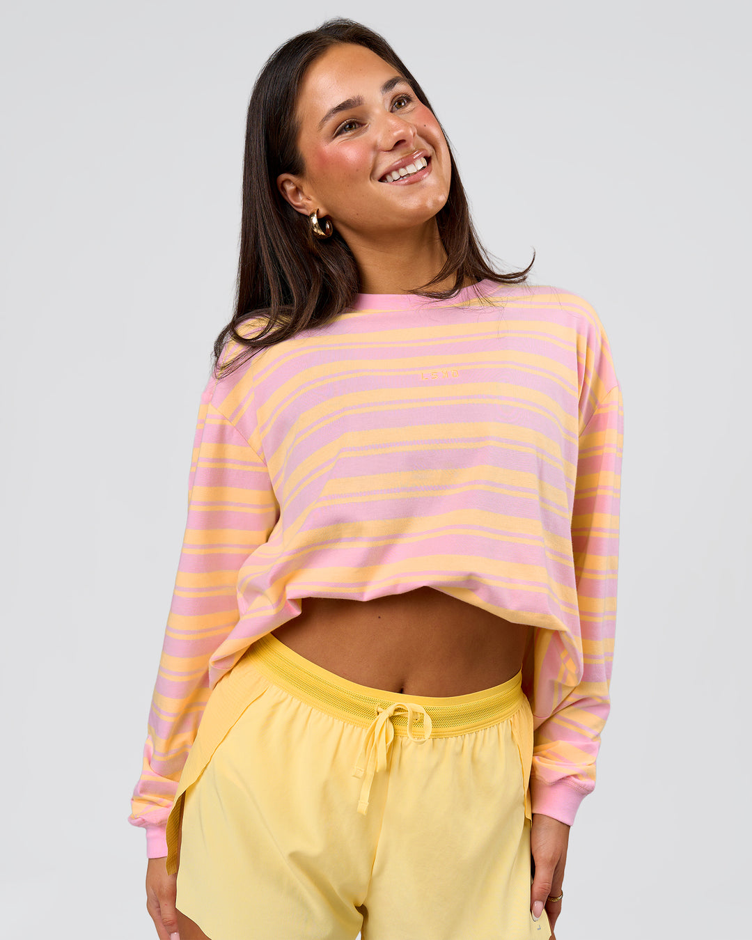 Woman wearing Go-To Shadow Stripe Long Sleeve FLXCotton Oversized Tee - Lemon-Marshmallow | Model:Bianca | Size:S - view 7