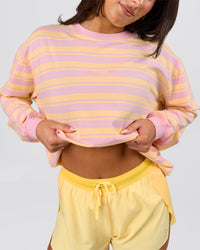 Woman wearing Go-To Shadow Stripe Long Sleeve FLXCotton Oversized Tee - Lemon-Marshmallow | Model:Bianca | Size:S | Thumbnail Index: 8