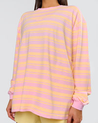 Woman wearing Go-To Shadow Stripe Long Sleeve FLXCotton Oversized Tee - Lemon-Marshmallow | Model:Bianca | Size:S | Thumbnail Index: 9