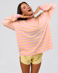 Woman wearing Go-To Shadow Stripe Long Sleeve FLXCotton Oversized Tee - Lemon-Marshmallow | Model:Bianca | Size:S | Thumbnail Index: 11