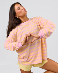 Woman wearing Go-To Shadow Stripe Long Sleeve FLXCotton Oversized Tee - Lemon-Marshmallow | Model:Bianca | Size:S | Thumbnail Index: 12