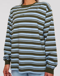 Woman wearing Go-To Shadow Stripe Long Sleeve FLXCotton Oversized Tee - Pure Olive-Open Air | Model:Bianca | Size:S | Thumbnail Index: 1