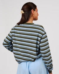 Woman wearing Go-To Shadow Stripe Long Sleeve FLXCotton Oversized Tee - Pure Olive-Open Air | Model:Bianca | Size:S | Thumbnail Index: 3