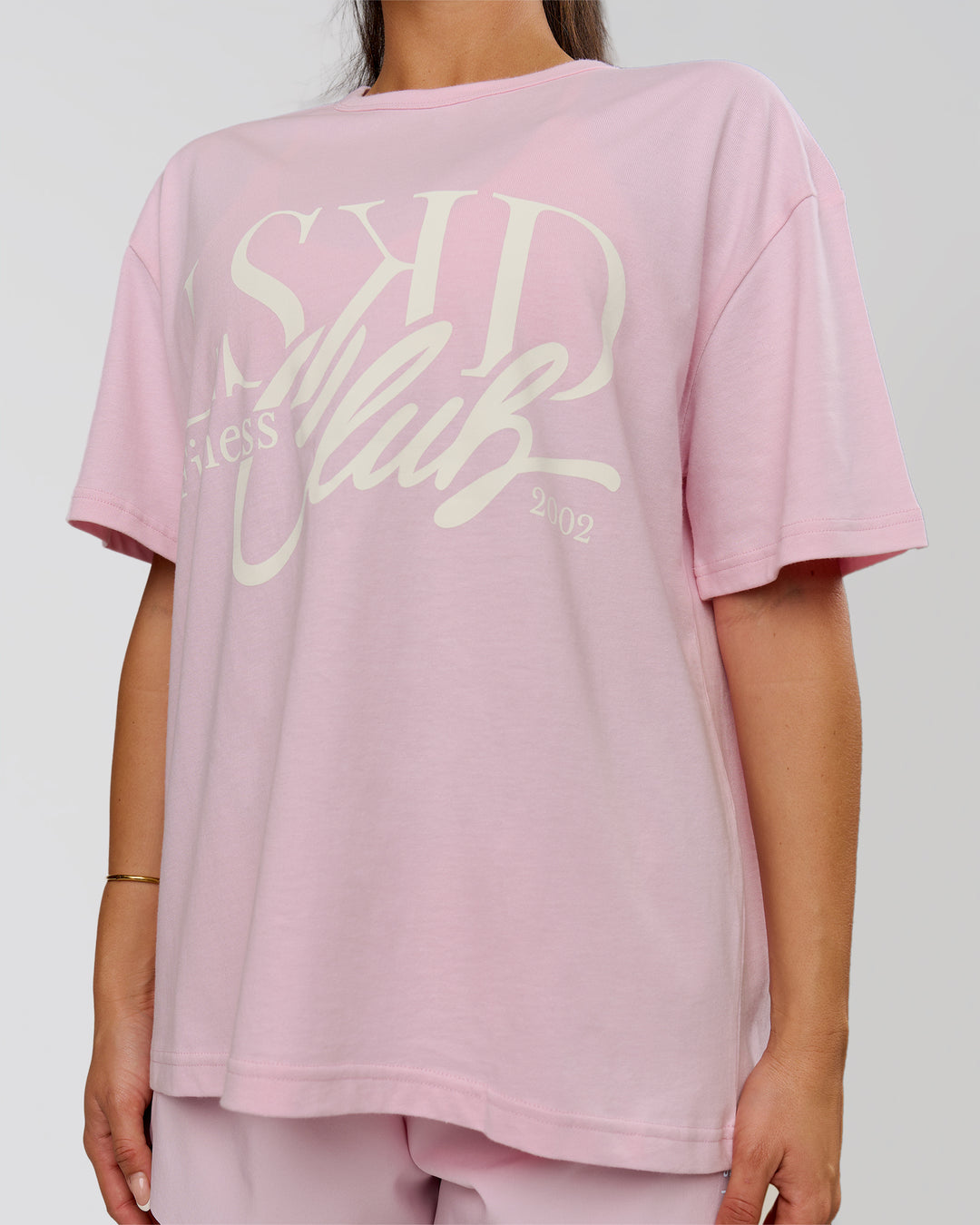 Woman wearing LSKD Fitness Club Heavyweight Oversized Tee - Marshmallow-Off White | Model:Bianca | Size:S - view 2