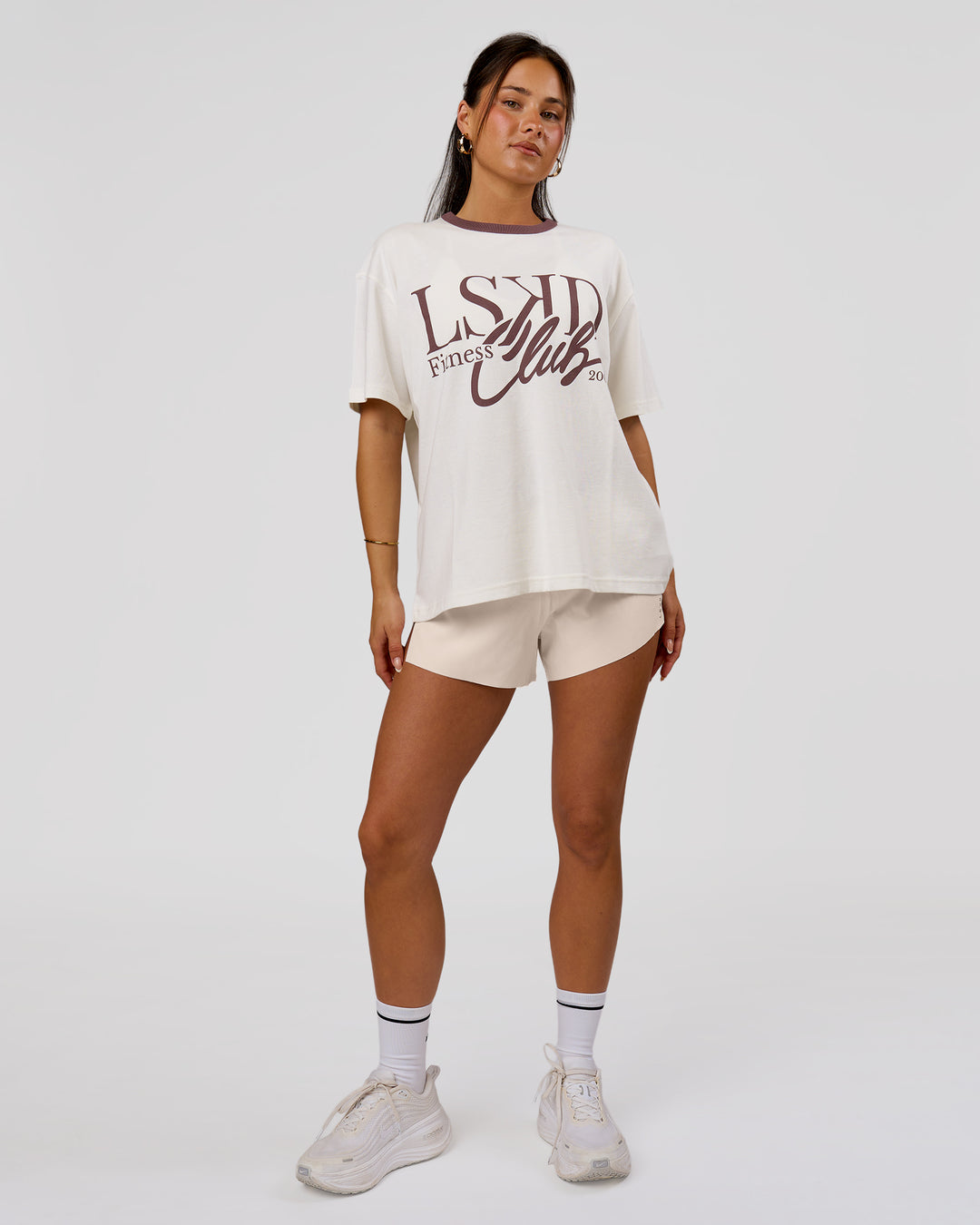 Woman wearing LSKD Fitness Club Heavyweight Oversized Tee - Off White-Cocoa Powder | Model:Bianca | Size:S - view 6