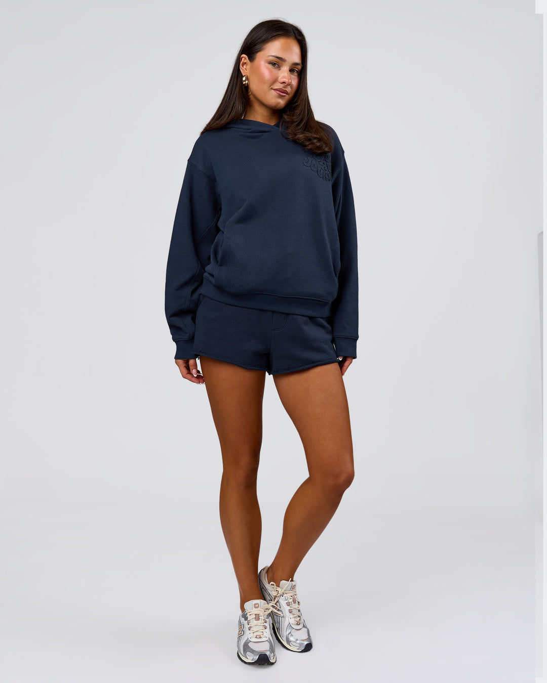 Woman wearing MVP Elite French Terry Hoodie - Future Navy | Model:Bianca | Size:S - view 14