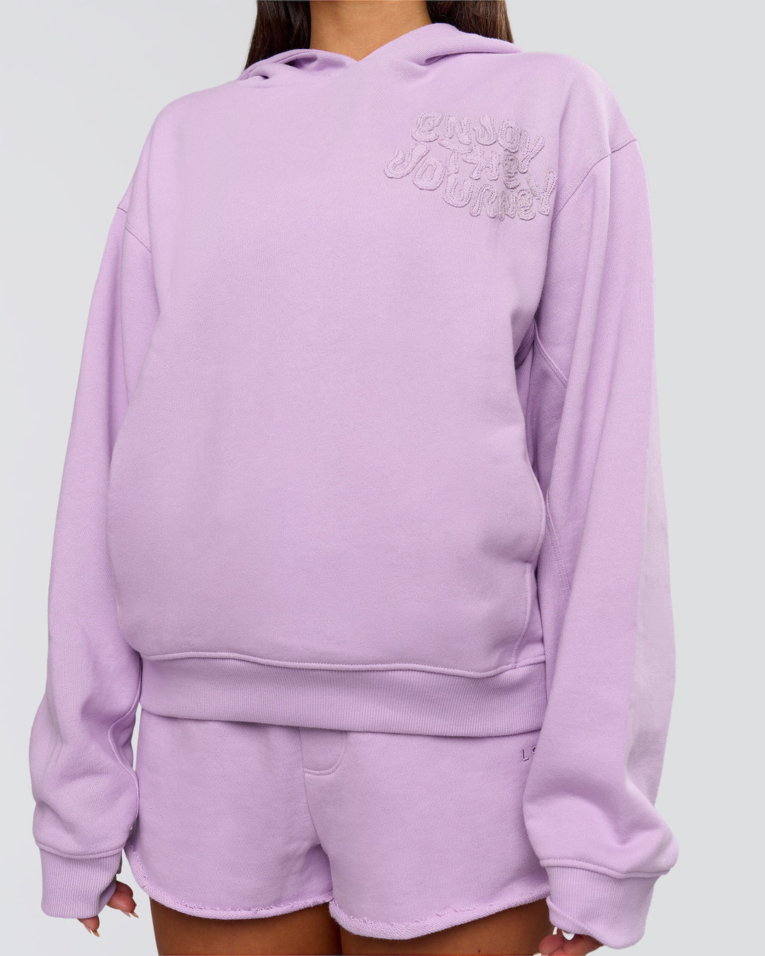 Woman wearing MVP Elite French Terry Hoodie - Pale Lilac | Model:Bianca | Size:S - view 5