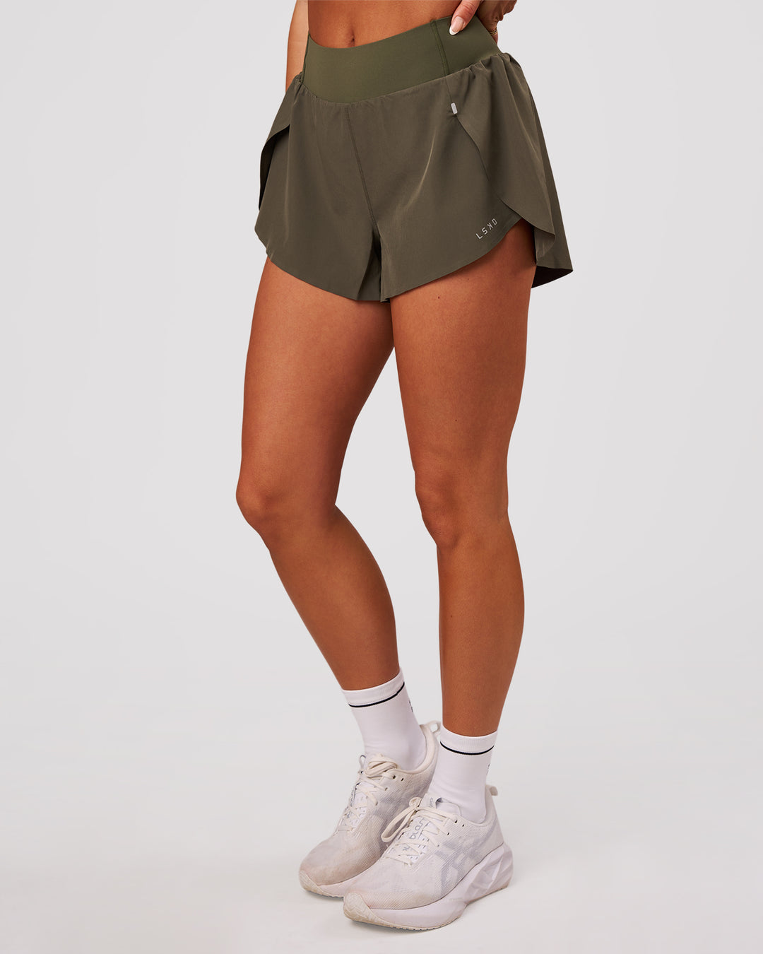 Woman wearing Pacer 3" Run Short - Pure Olive | Model:Bianca | Size:S - view 3