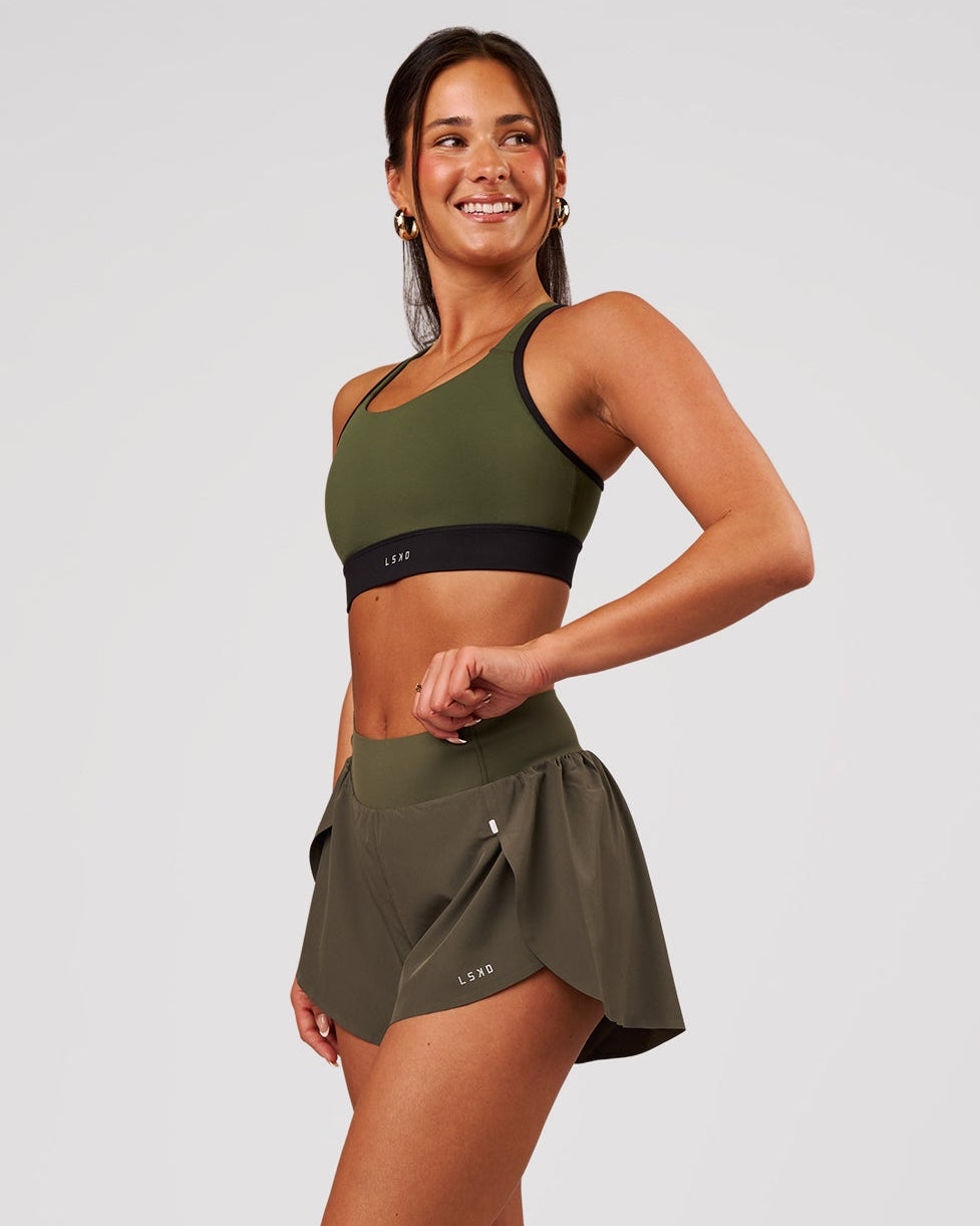 Woman wearing Pacer 3" Run Short - Pure Olive | Model:Bianca | Size:S - view 2