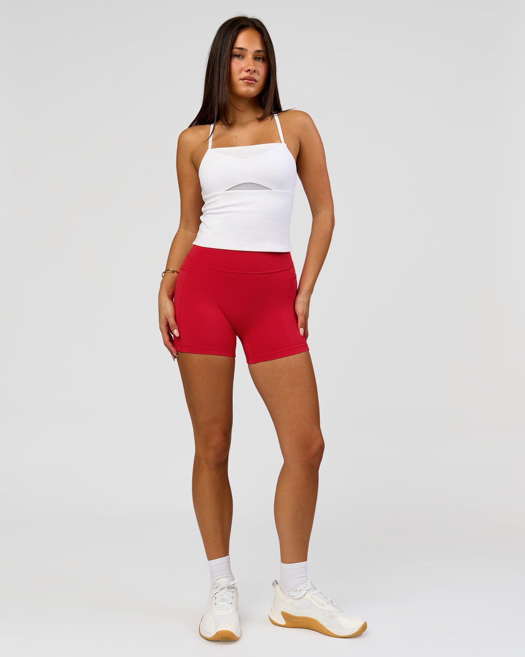 Woman wearing Podium Mesh Shelf Bra Tank - White | Model:Bianca | Size:S - view 5