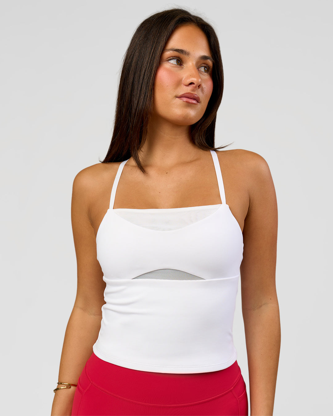 Woman wearing Podium Mesh Shelf Bra Tank - White | Model:Bianca | Size:S - view 1