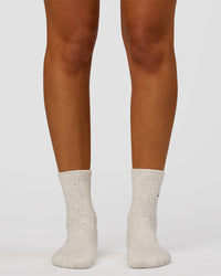 Woman wearing Script Quarter Socks 3 Pack 2.0 - Black-Grey-White | Model:Charli | Size:S | Thumbnail Index: 10