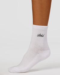 Woman wearing Script Quarter Socks 3 Pack 2.0 - Black-Grey-White | Model:Charli | Size:S | Thumbnail Index: 9