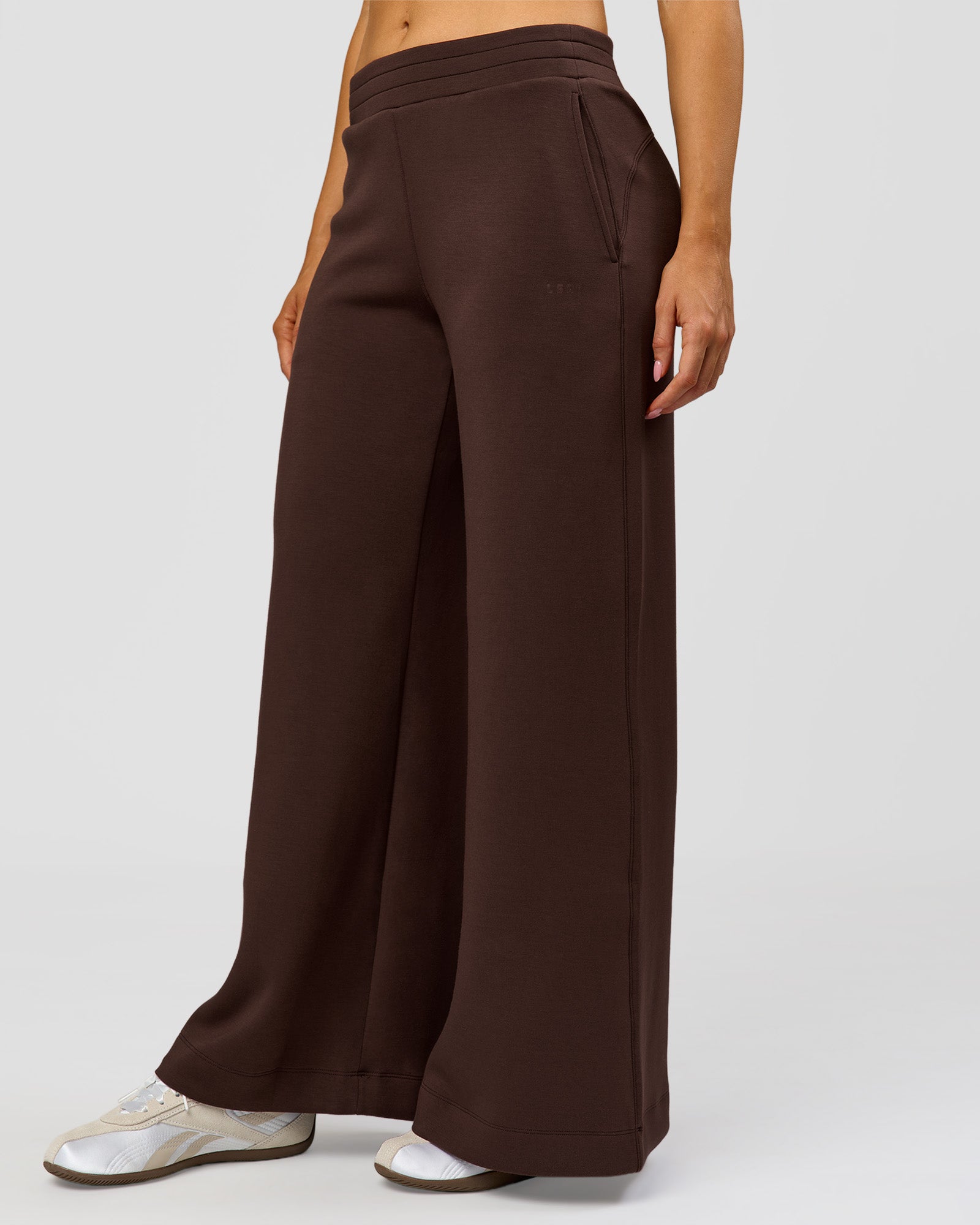 Woman wearing Elevate SoftTouch Wide Leg Pant - Hot Chocolate | Model:Claire | Size:S