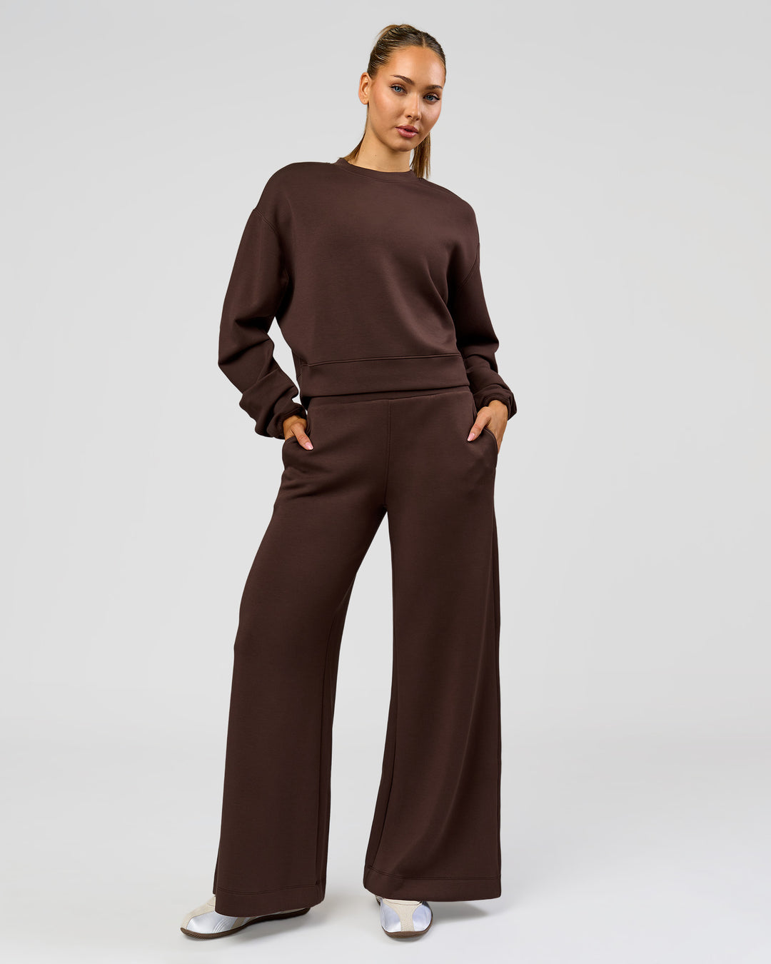 Woman wearing Elevate SoftTouch Wide Leg Pant - Hot Chocolate | Model:Claire | Size:S - view 9