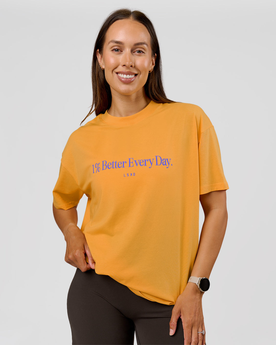 Woman wearing VS6 1% Better Fathers Day FLXCotton Oversized Tee - Warm Apricot | Model:Jess | Size:S - view 3