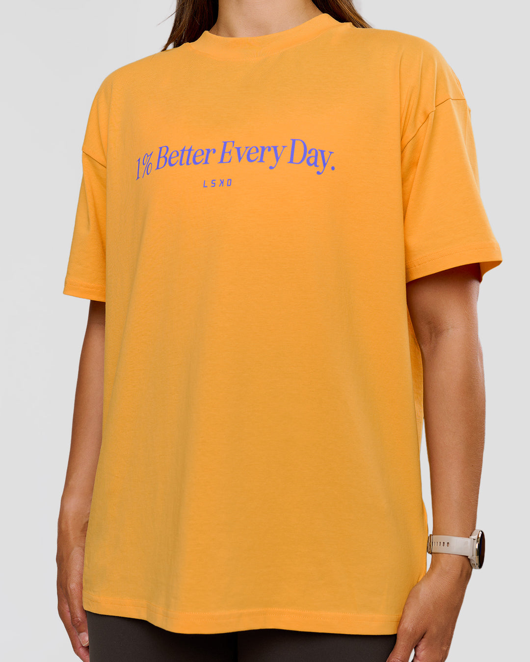 Woman wearing VS6 1% Better Fathers Day FLXCotton Oversized Tee - Warm Apricot | Model:Jess | Size:S - view 9