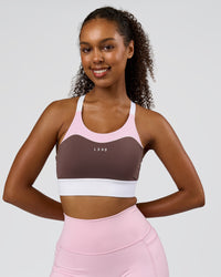 Woman wearing Elevated Accelerate Sports Bra - Cocoa Powder-Marshmallow-White | Model:Jordan | Size:S | Thumbnail Index: 2