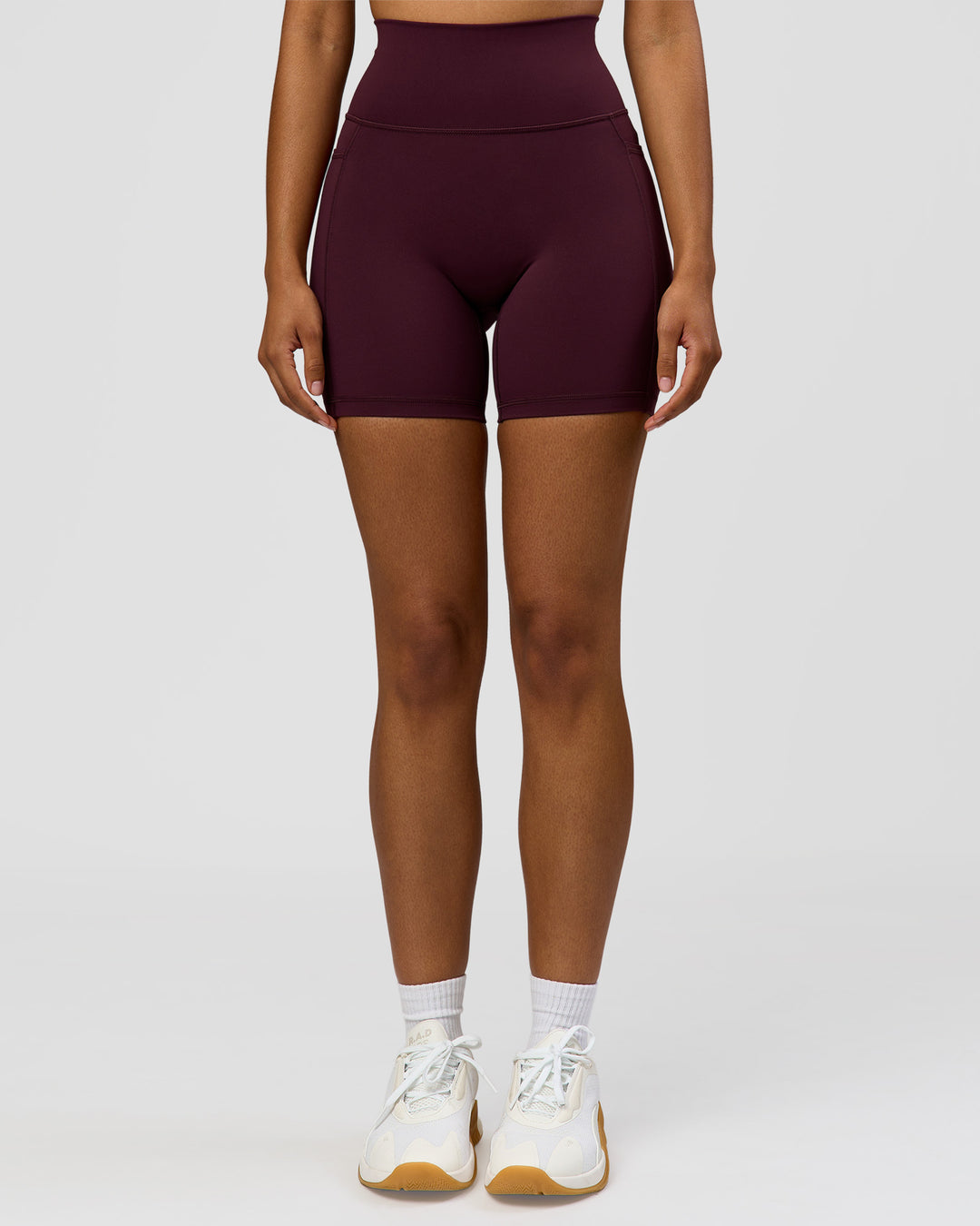 Woman wearing Fusion Ultra High-Rise 6" Short Pockets - Cherry Lacquer | Model:Jordan | Size:S - view 5