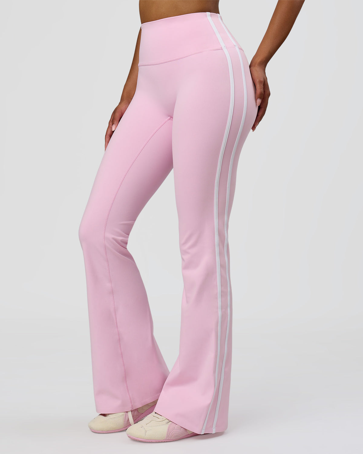 Woman wearing Fusion V-Contour Bind High-Rise Flared Legging - Marshmallow-White | Model:Jordan | Size:S - view 1