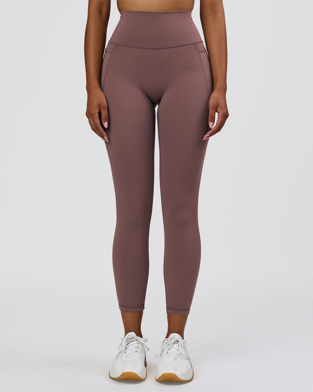 Woman wearing Fusion V-Contour Ultra High-Rise 7/8 Legging Pockets - Cocoa Powder | Model:Jordan | Size:S - view 4