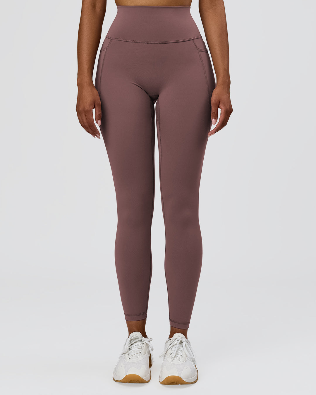 Woman wearing Fusion V-Contour Ultra High-Rise Full Length Legging Pockets - Cocoa Powder | Model:Jordan | Size:S - view 2