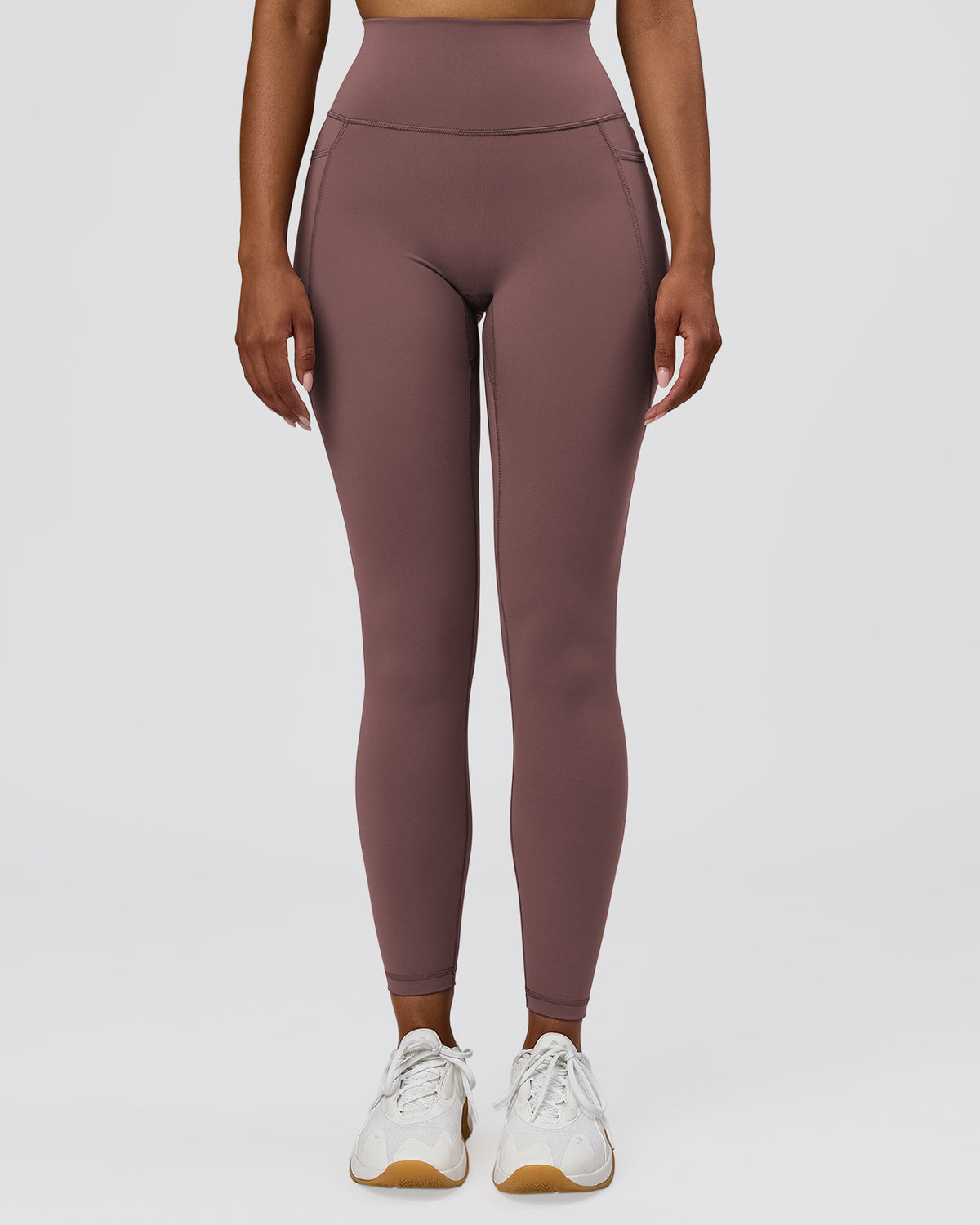 Woman wearing Fusion V-Contour Ultra High-Rise Full Length Legging Pockets - Cocoa Powder | Model:Jordan | Size:S - view 2