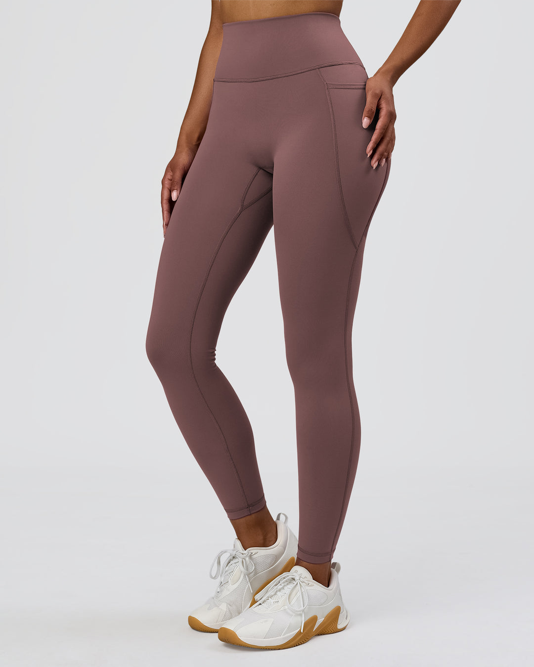 Woman wearing Fusion V-Contour Ultra High-Rise Full Length Legging Pockets - Cocoa Powder | Model:Jordan | Size:S - view 3
