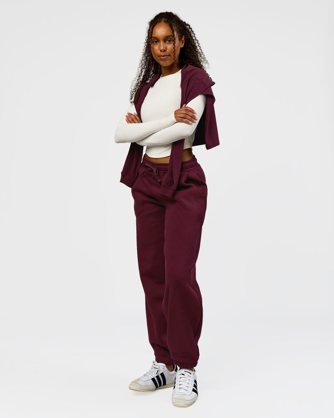 Woman wearing Go-To Oversized Track Pant - Cherry Lacquer | Model:Jordan | Size:S - view 4