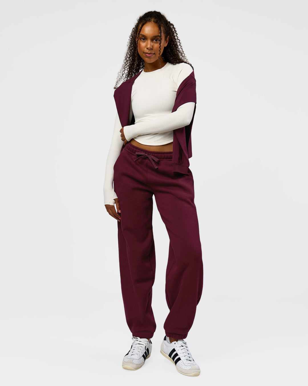 Woman wearing Go-To Oversized Track Pant - Cherry Lacquer | Model:Jordan | Size:S - view 5