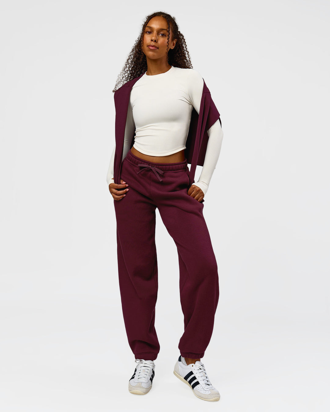 Woman wearing Go-To Oversized Track Pant - Cherry Lacquer | Model:Jordan | Size:S - view 9