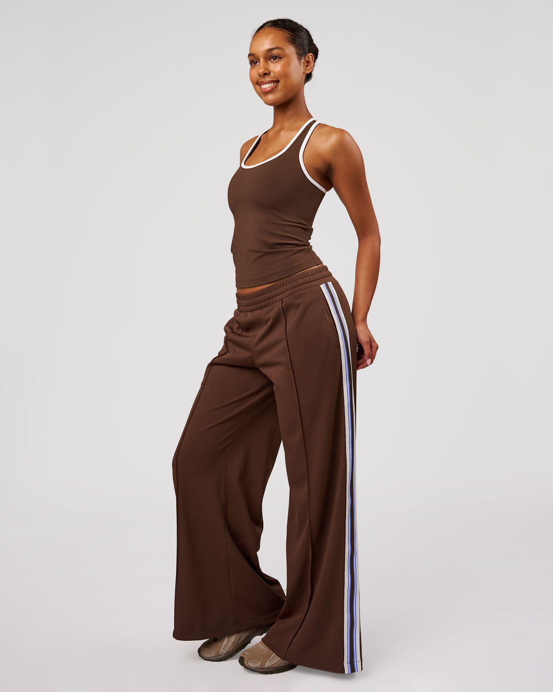 Woman wearing Urban Wide Leg Track Pant - Hot Chocolate-Open Air | Model:Jordan | Size:S - view 4