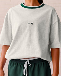 Woman wearing Be Here Now Heavyweight FLXCotton Tee Oversize - Silver Marl-Midnight Green | Model:Meg | Size:S | Thumbnail Index: 11