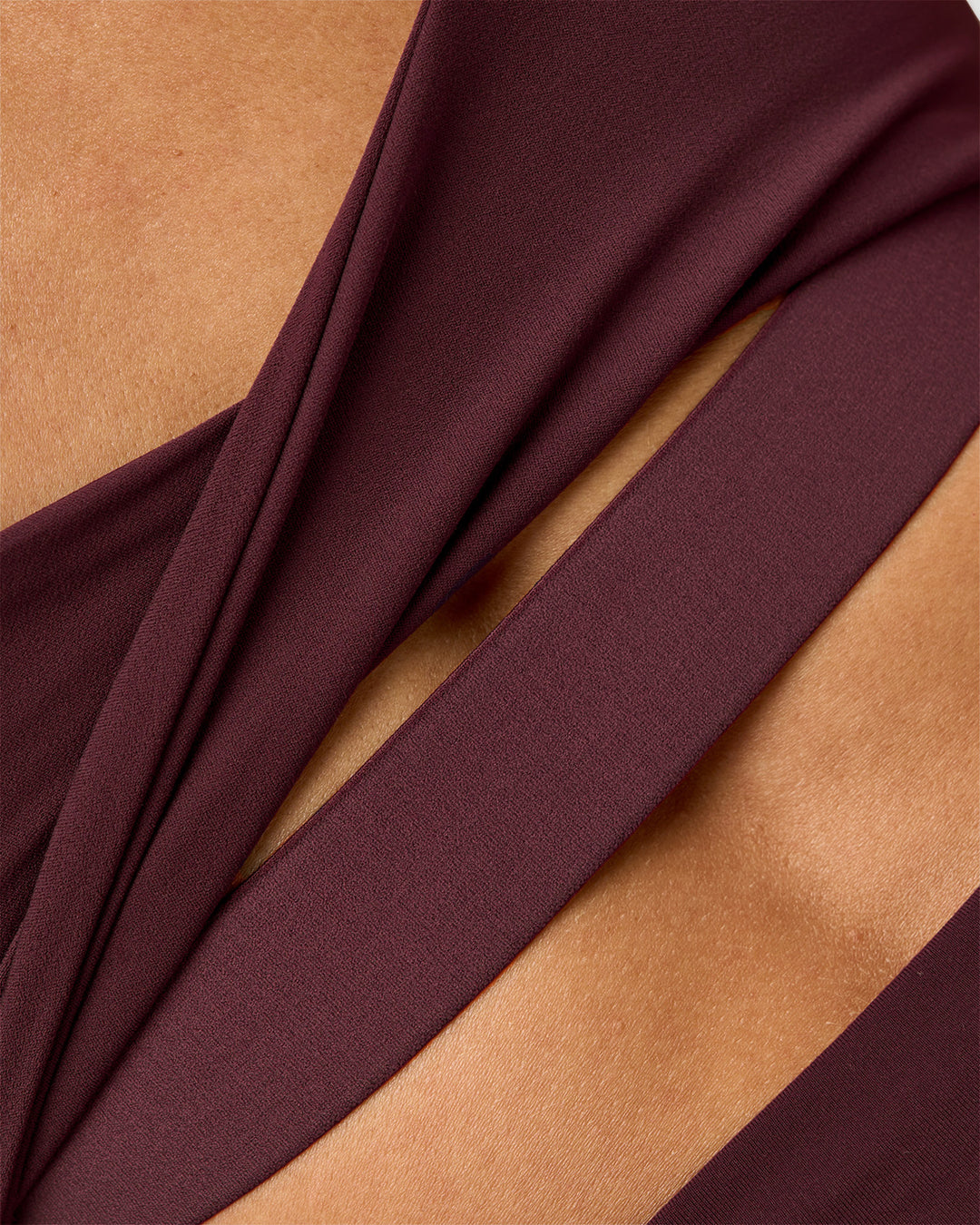 Woman wearing Twist Sports Bra D/DD/E - Cherry Lacquer | Model:Rhiley | Size:S - view 6