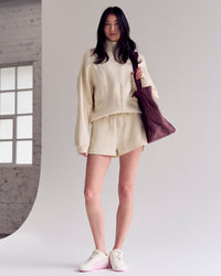 Woman wearing Bree Oversized Fleece Zip Thru - Vanilla Bean | Model:Rianna | Size:S | Thumbnail Index: 6