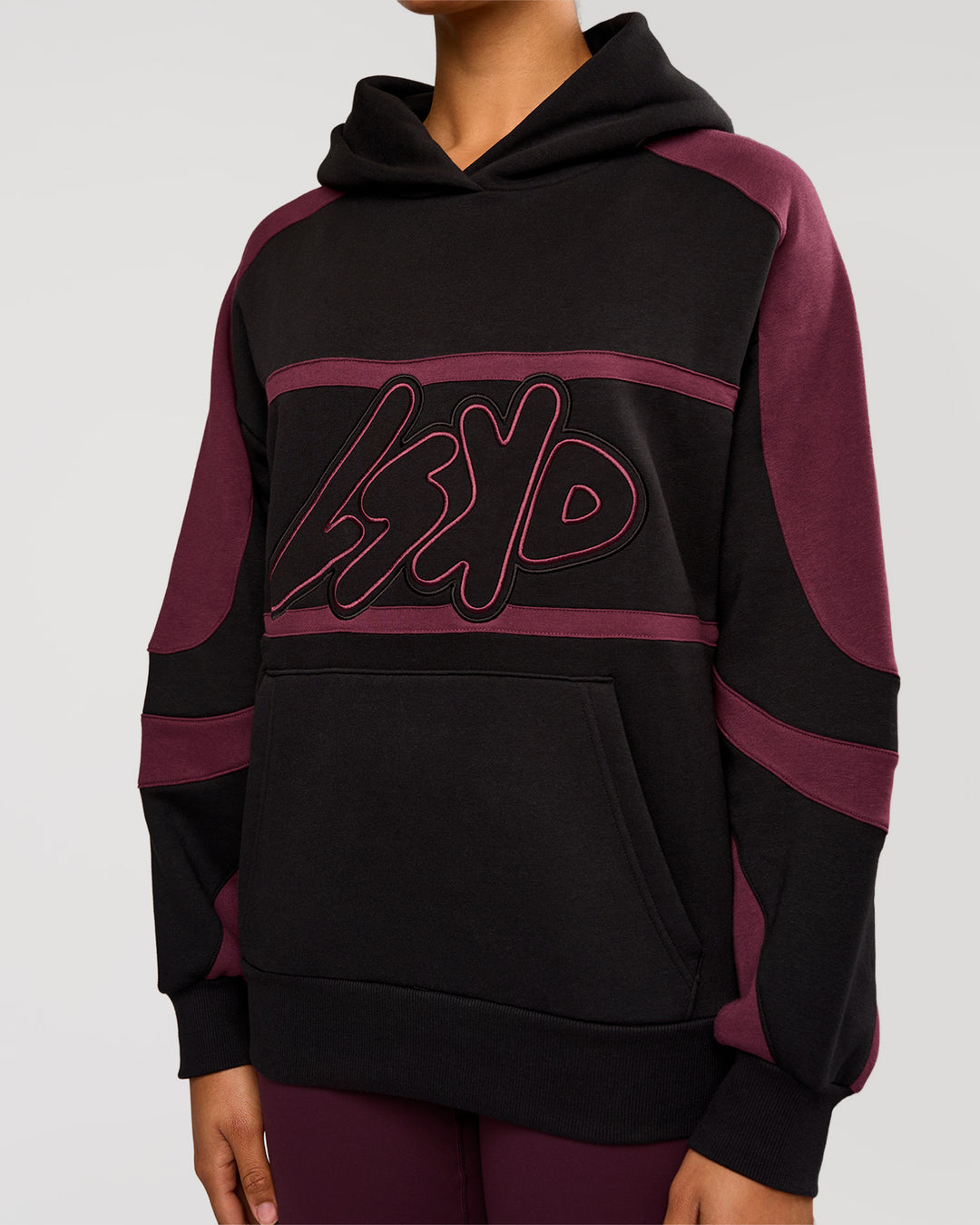 Woman wearing Vibe Oversized Hoodie - Black-Cherry Lacquer | Model:Rosie | Size:S - view 5