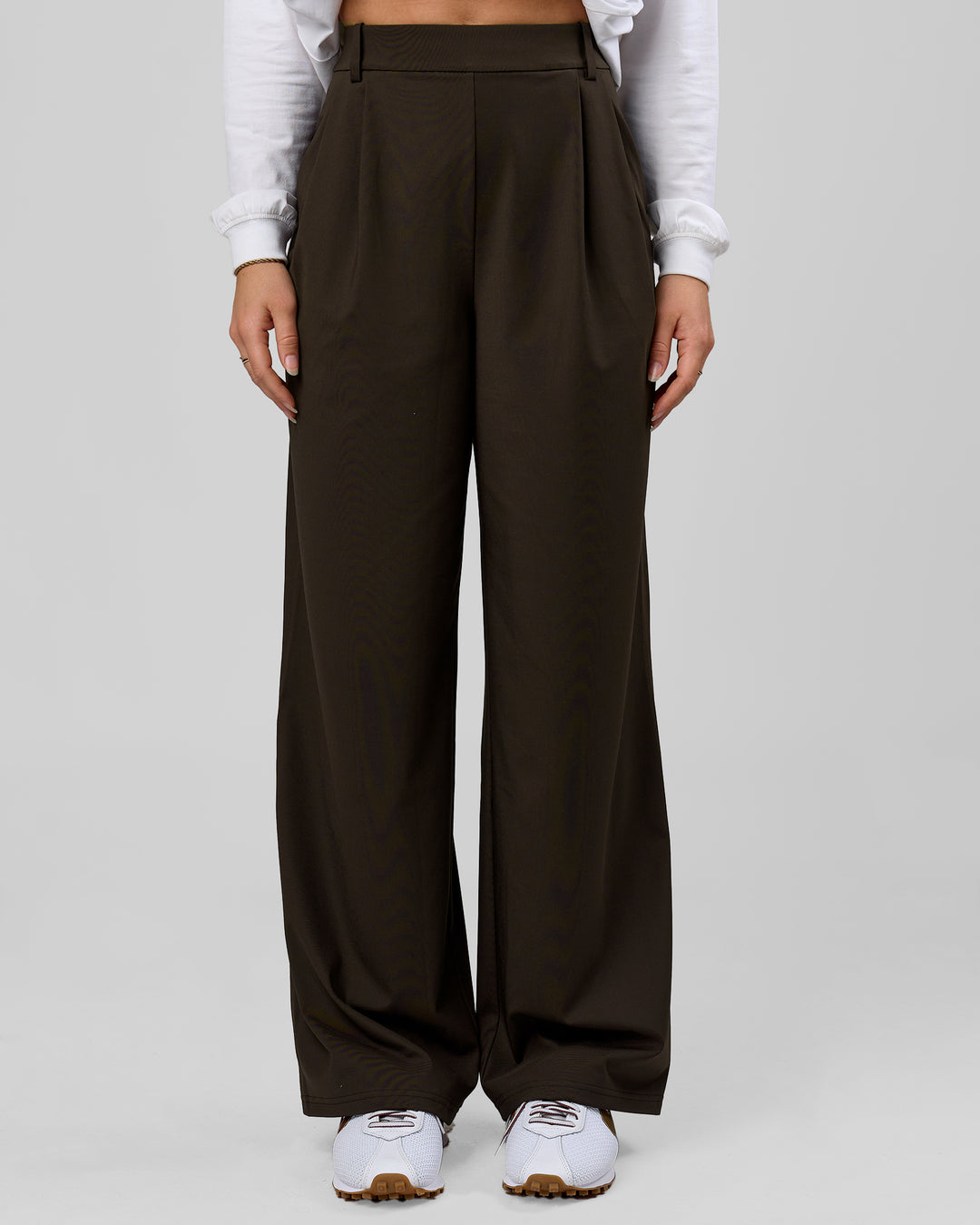 Woman wearing StretchShift Wide Leg Pant - Ground Coffee | Model:Summer | Size:S - view 2