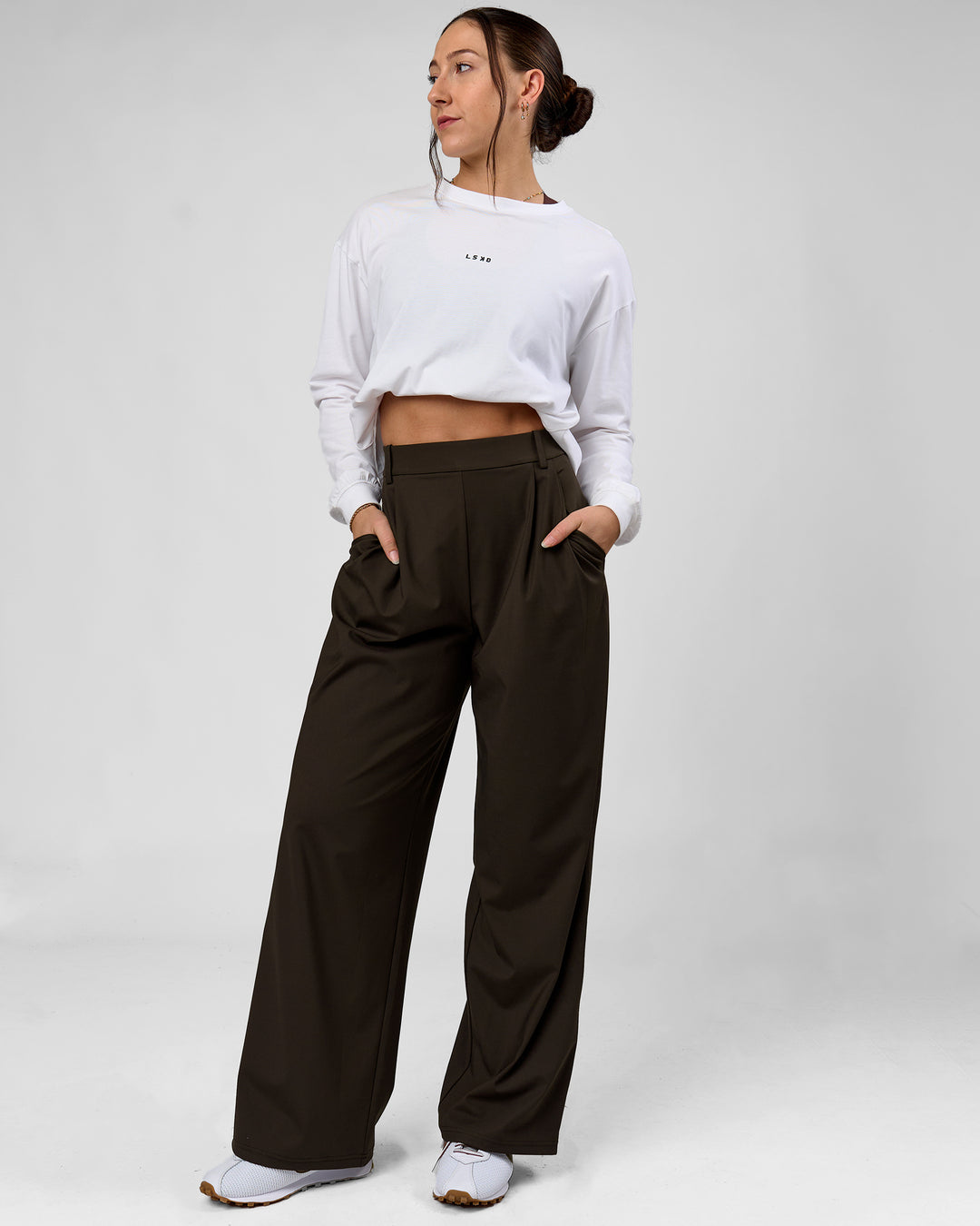 Woman wearing StretchShift Wide Leg Pant - Ground Coffee | Model:Summer | Size:S - view 1