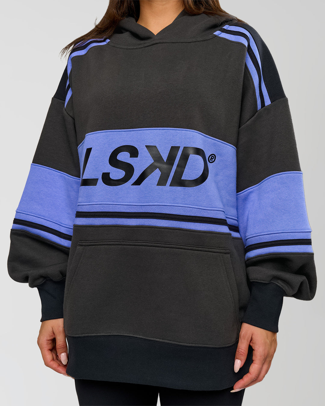 Woman wearing A-Team Oversized Hoodie - Onyx-Bluebell | Model:Bianca | Size:XS - view 8