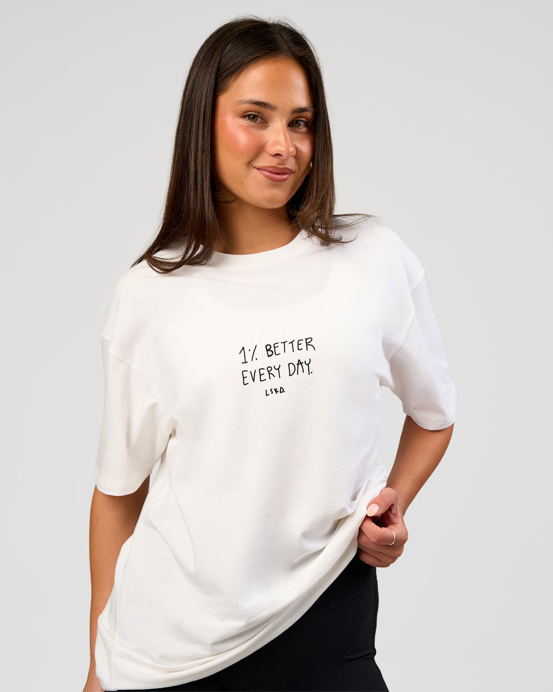 Woman wearing Andrew J. Steel x LSKD Heavyweight FLXCotton Oversized Tee - White | Model:Bianca | Size:XS - view 5