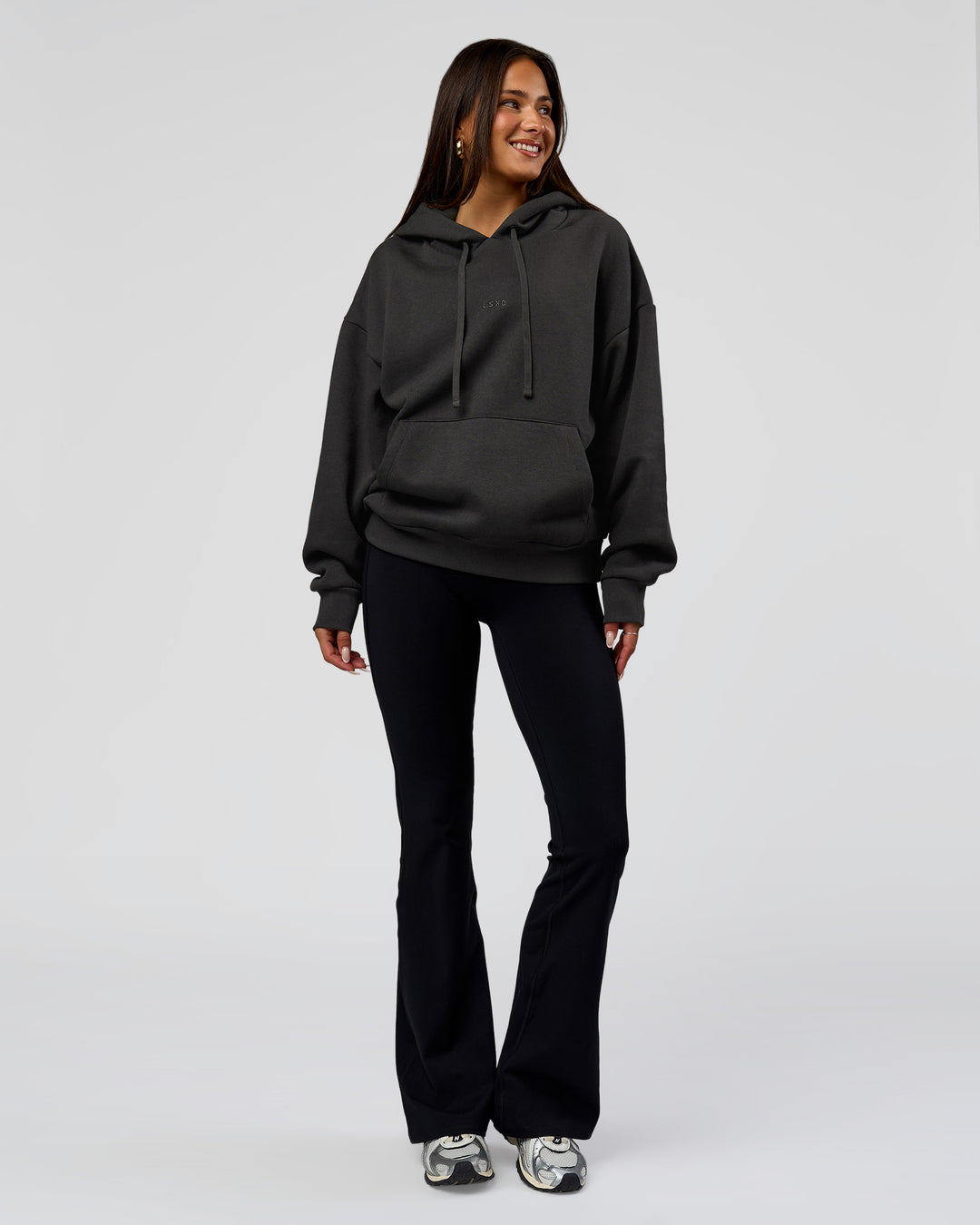 Woman wearing Base Oversized DC Hoodie - Onyx | Model:Bianca | Size:XS - view 11