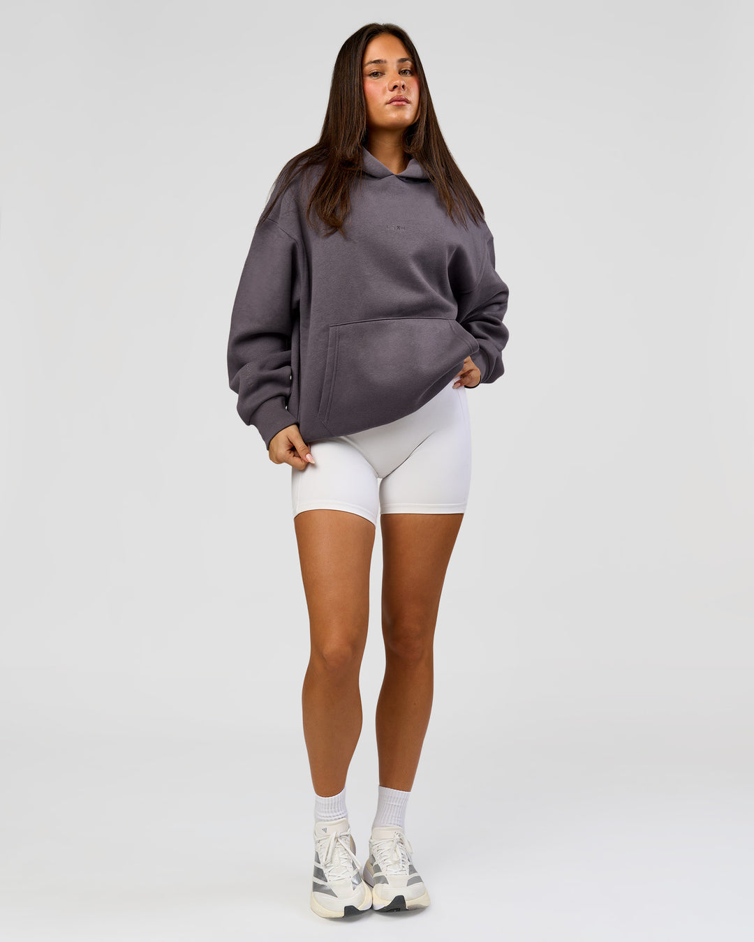 Woman wearing Base Oversized Hoodie - Duskstone | Model:Bianca | Size:XS - view 11