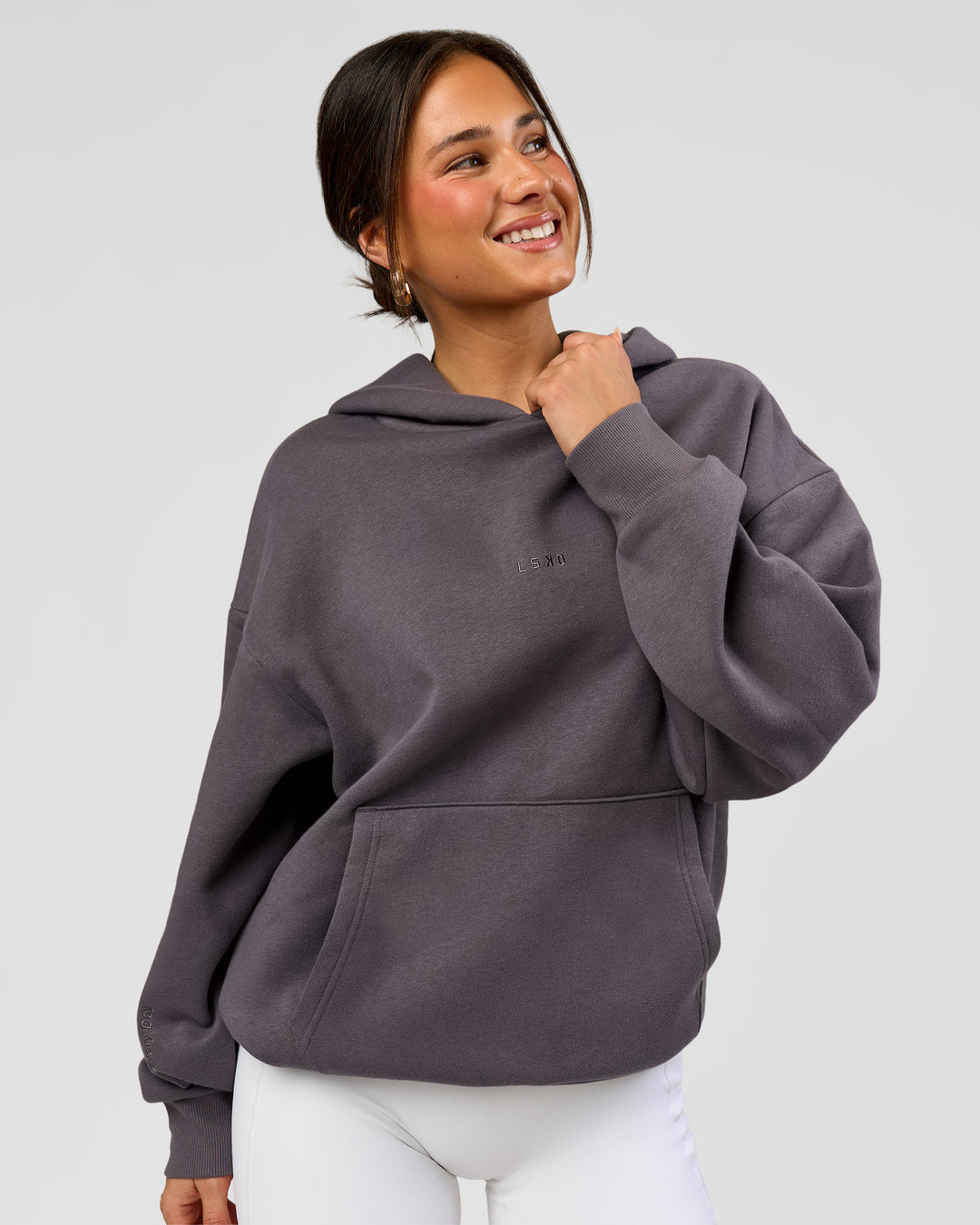Woman wearing Base Oversized Hoodie - Duskstone | Model:Bianca | Size:XS - view 13
